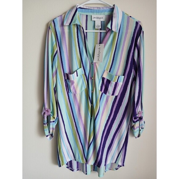 NWT PECK&PECK XL Top Purple Multicolored Striped Blouse Button Up FLAW...L22 - Picture 1 of 12